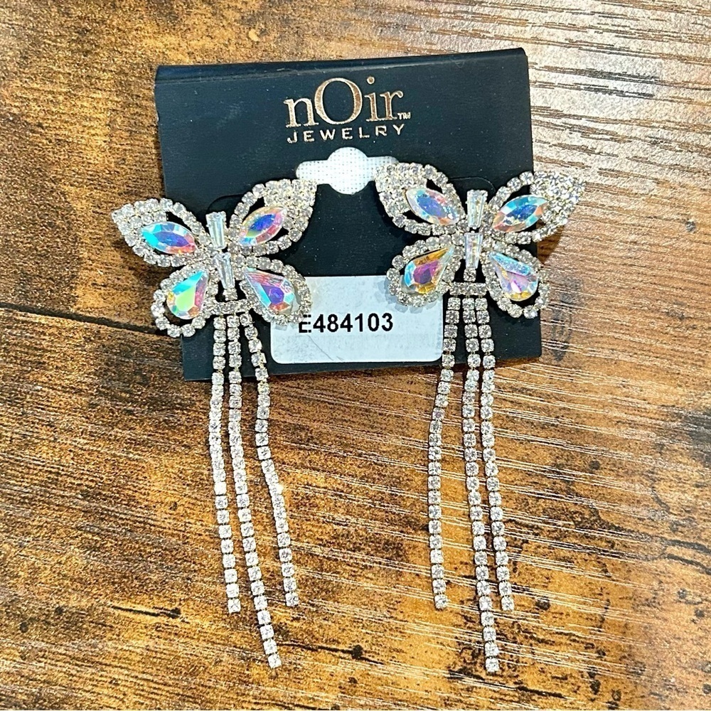 NWT nOir Iridescent Crystal Butterfly Clear Rhinestone Dangle Statement Earrings